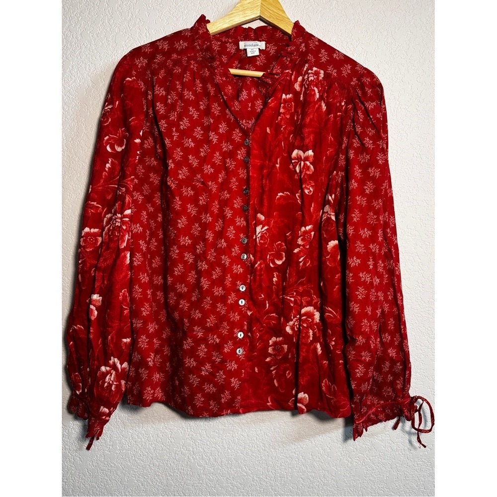 Sundance Blouse Women PL Red Floral 100% Cotton Ruffle cottagecore prairie